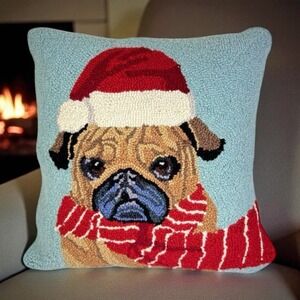 Gransom Road Holiday Pug‎ Dog 100% Wool Hooked Pillow 16" X 16" Blue Red Cotton